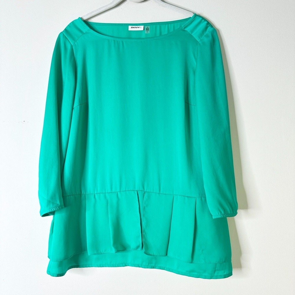 DKNYC Top Women 4 Teal Blue Green Turquoise Peplum Blouse 3/4 Slv Corpcore NWOT